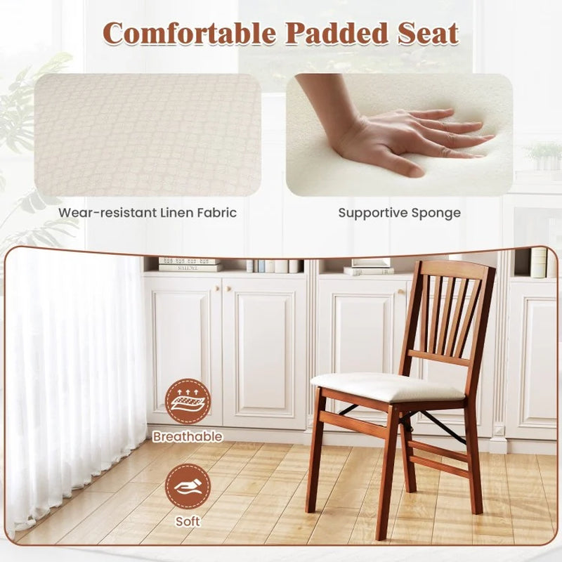 Set of 2 Folding Dining Chairs with Padded Seats and Rubberwood Frames