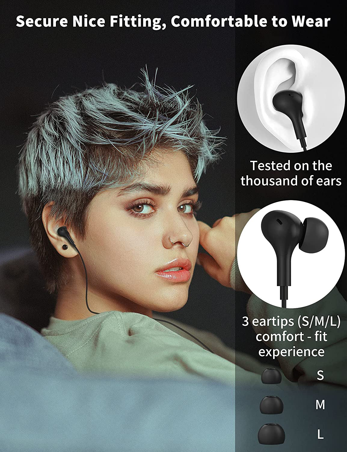 USB C Wired Earbuds with Microphone and Volume Control, Magnetic In-Ear Design, Bass Noise Cancelling (Black)