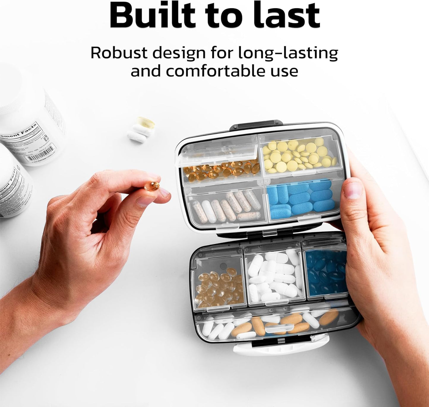 Airtight Travel Pill Organizer - Portable Medication Case with Labels and 8 Compartments - Large Capacity - Black