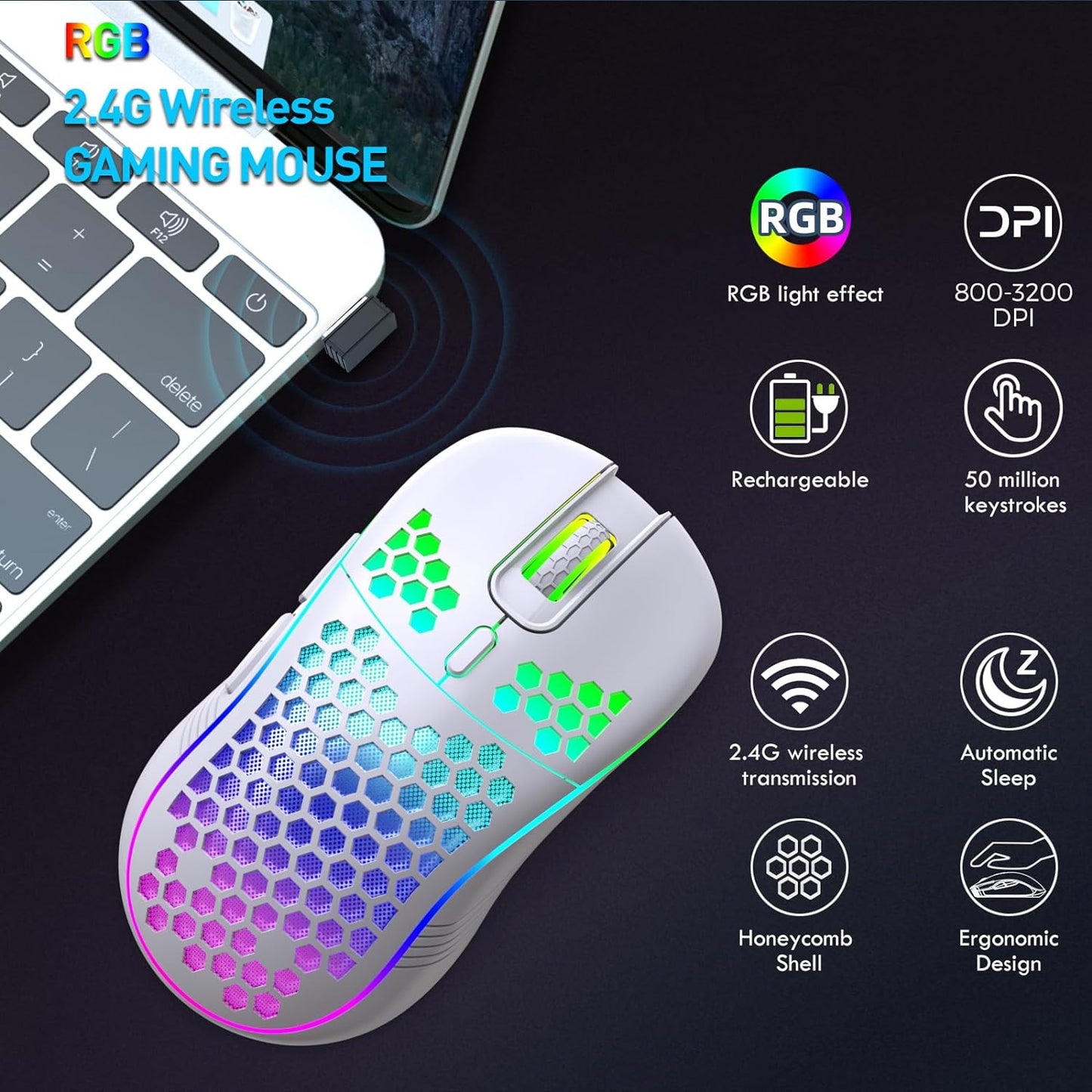 Wireless Gaming Mouse, Rechargeable Computer Mouse with RGB Backlight, USB Receiver, 6 Buttons, Adjustable DPI (White)