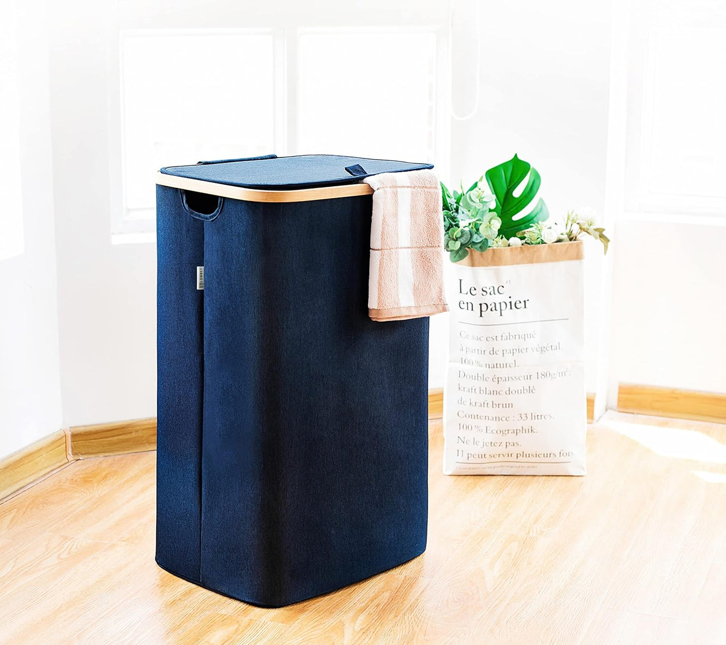 - Blue Laundry Baskets with Lid - XL 100 L - Large Laundry Hamper for Clothes - Panier a Linge Sale - Bamboo Clothes Hamper Bathroom Tall Hamper with Lid
