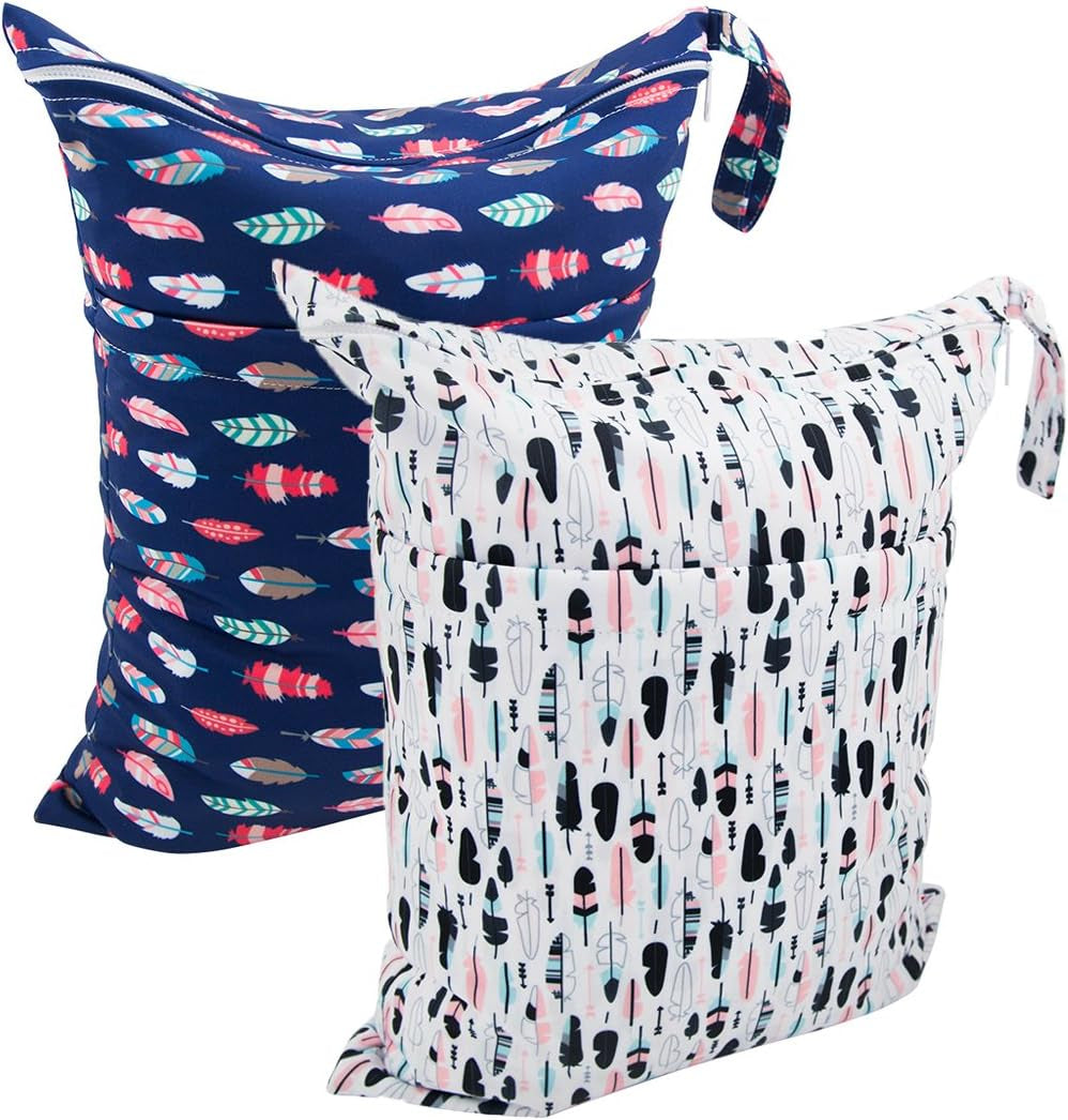 Reusable Waterproof Baby Wet/Dry Bags - Dual Zippered Pockets - 2 Pack for Travel