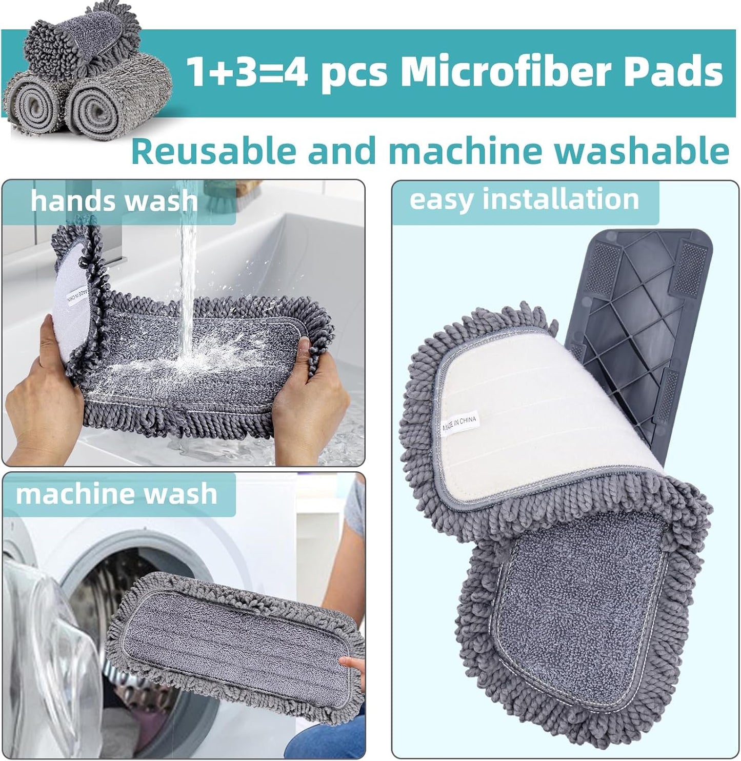 Microfiber Spray Mop - 360-Degree Spin Dust Mop - 12 FL.OZ Refillable Bottle, 4 Reusable Microfiber Pads, Scrubber and Holder
