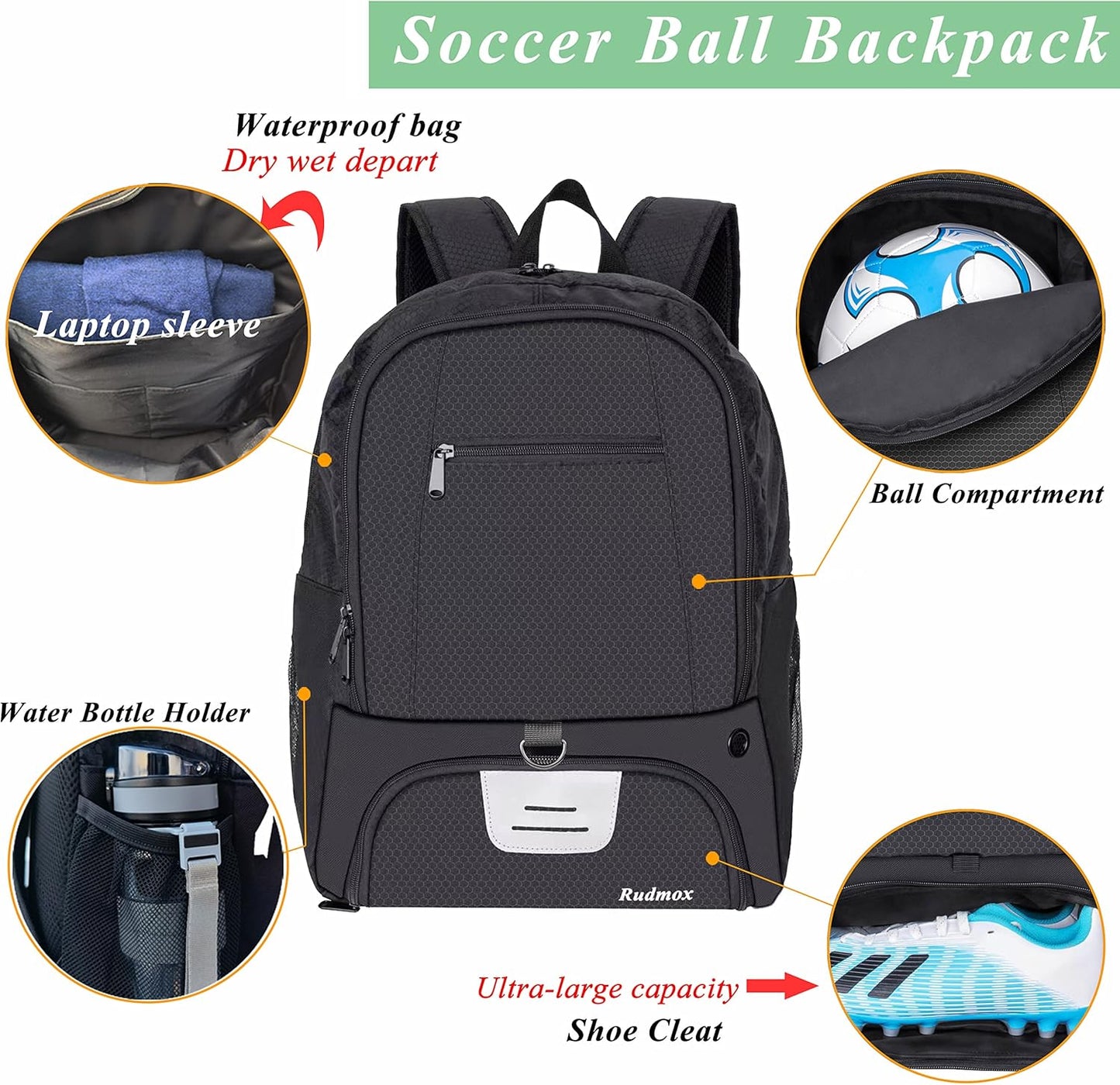 Soccer Ball and Sports Equipment Backpack with Cleat Compartment and Laptop Sleeve for Travel and Team Use