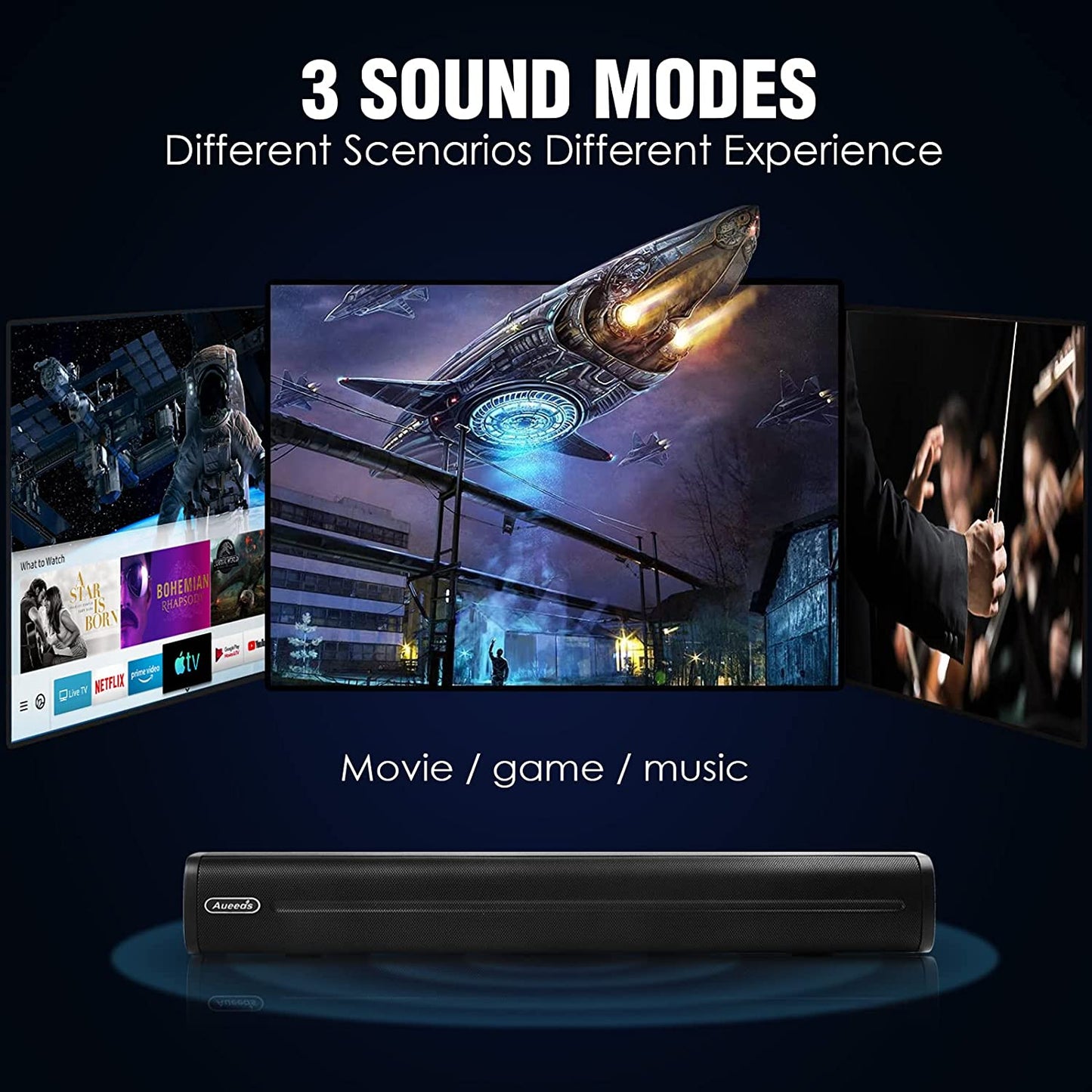 Compact 50W Soundbar for TVs - 16-Inch Ultra-Slim Mini Surround Sound System - Wireless Bluetooth 5.0, Optical, AUX, USB Connectivity