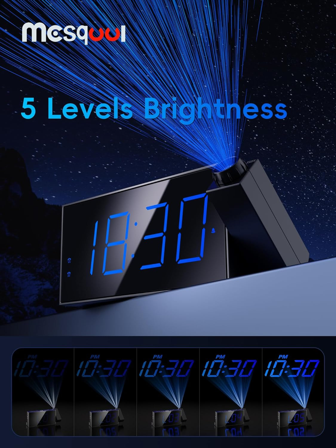 Projection Alarm Clock with 7" LED Display, Adjustable Dimmer, 5 Volume Levels, 9-Minute Snooze, Dual Alarm Functionality, USB Charging Port