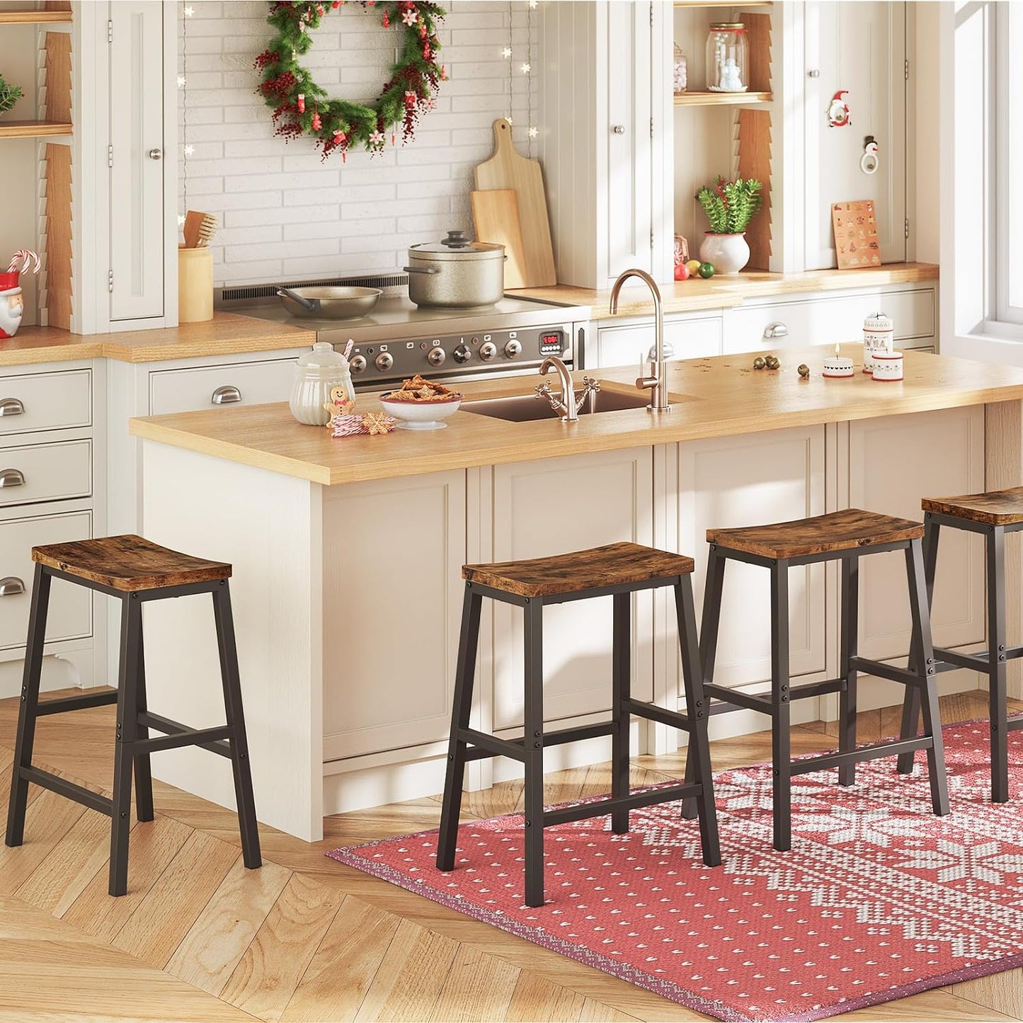 Set of 2 Industrial Saddle Bar Stools with Footrests in Rustic Brown and Black for Dining Room and Kitchen