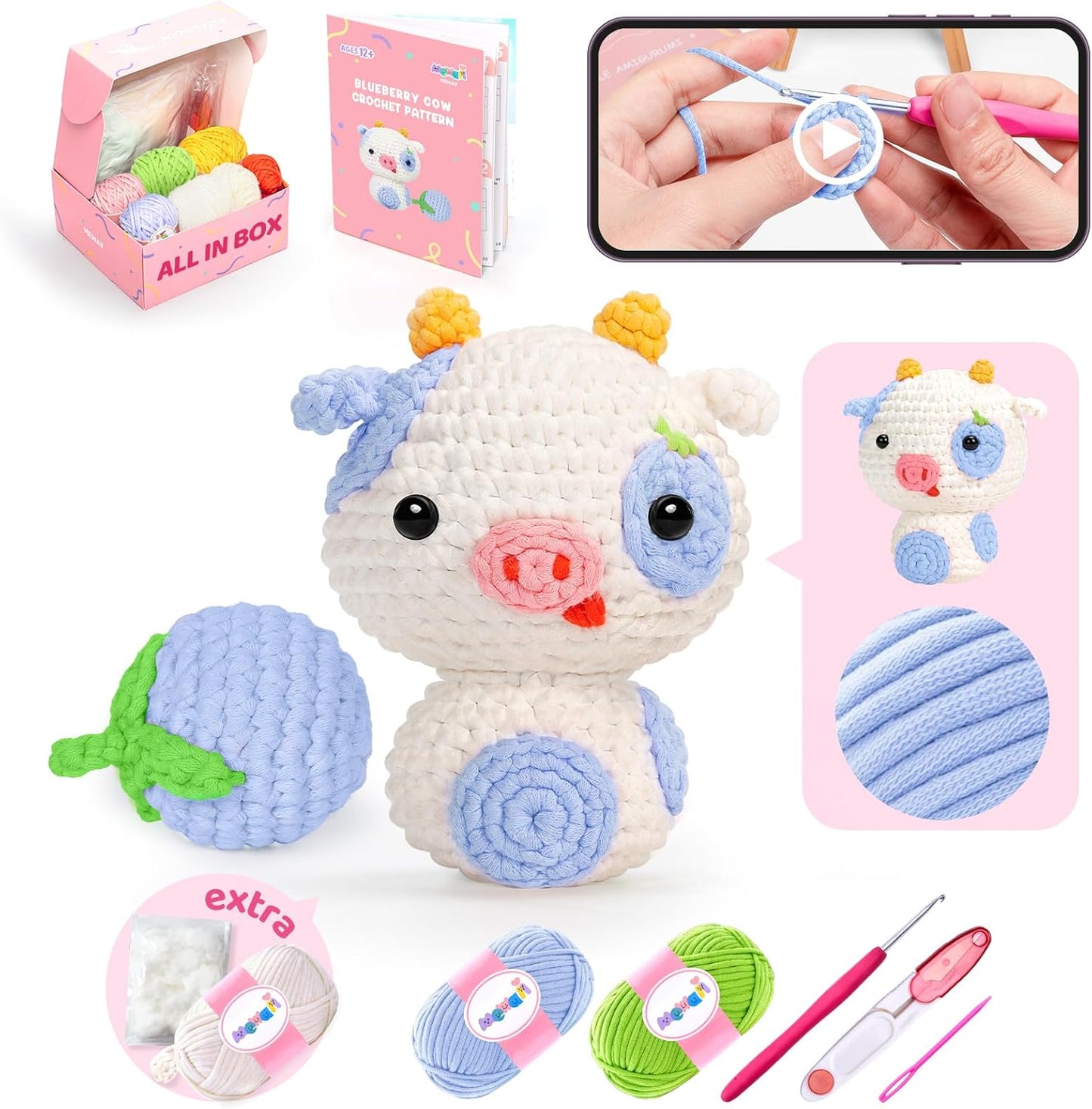 Beginner Crochet Kit Level 1: Toast Coaster with 40% Extra Pre-Started Easy Yarn and Step-by-Step Video Tutorials for Adults and Kids