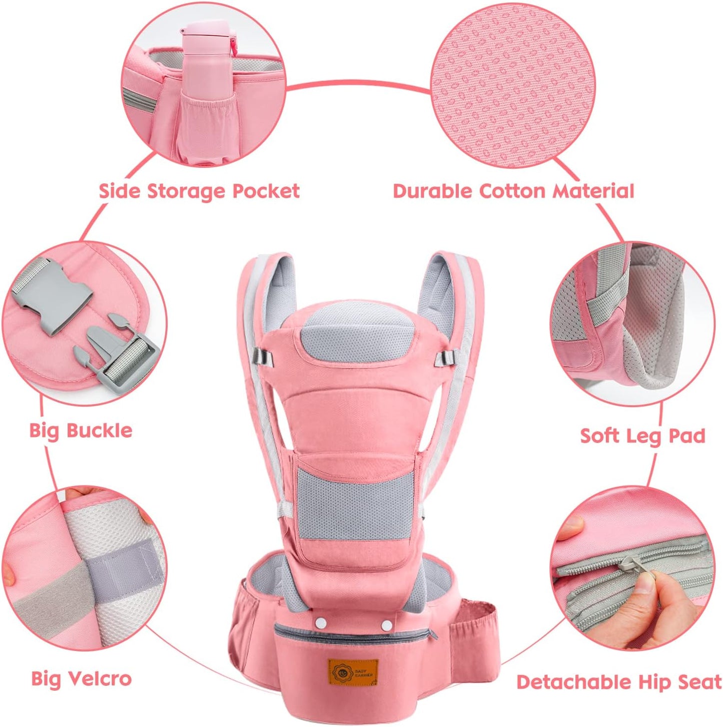 Baby Carrier with Hip Seat and Lumbar Support for Toddlers - Lightweight, Breathable with Ample Storage (Pink)