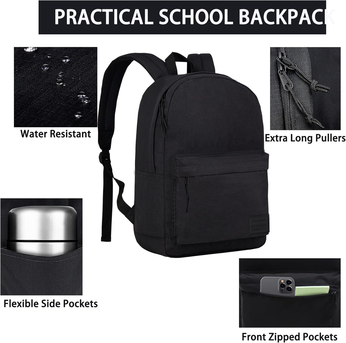Lightweight Casual Laptop Backpack with USB Charging Port for Men and Women - Dark Black College Bookbag
