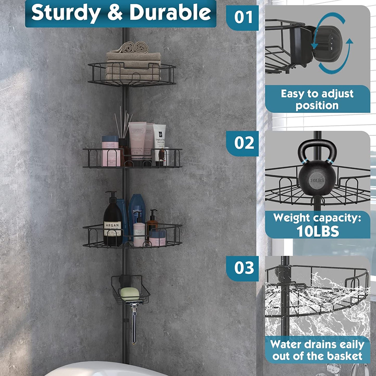 Rustproof Adjustable Shower Caddy - Tension Pole Corner Organizer for Bathroom and Bathtub Storage, 39-125 Inches, Black