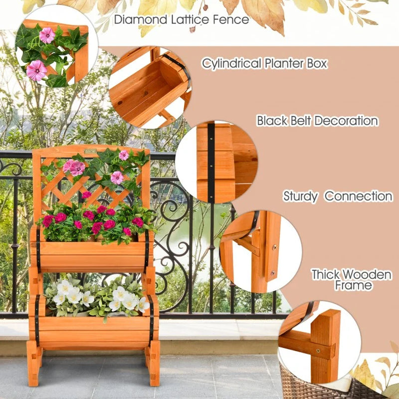 Two-Tier Raised Garden Bed with Dual Cylindrical Planter Boxes and Integrated Trellis