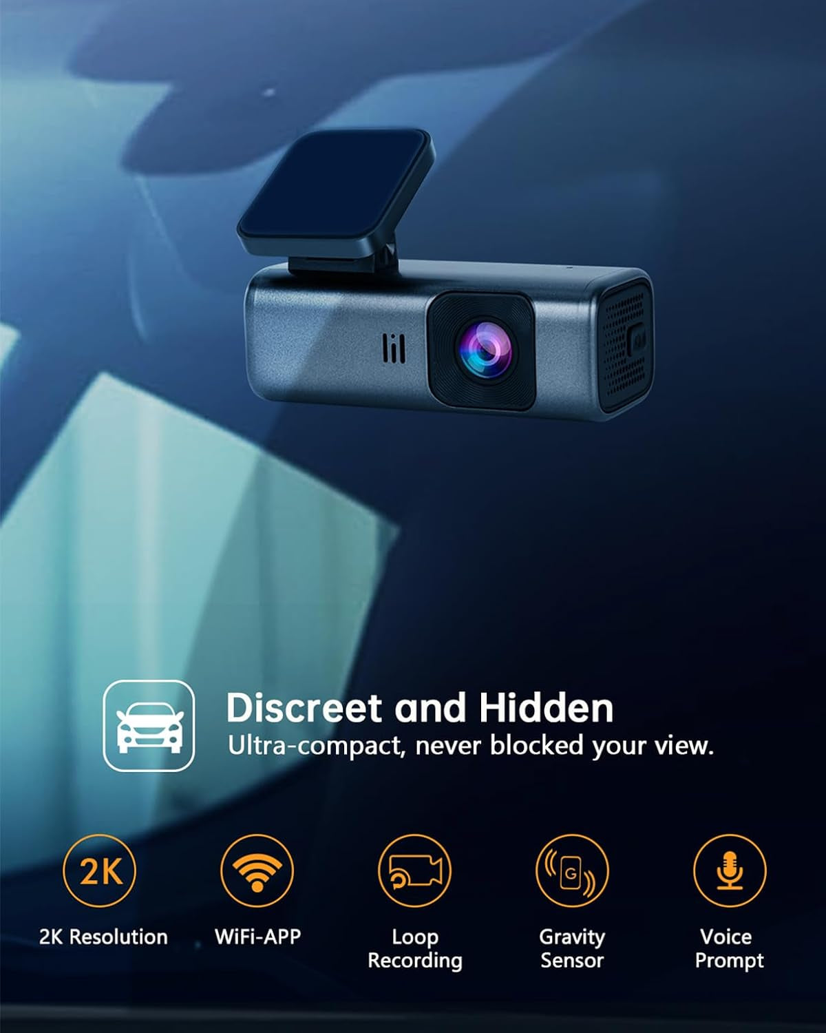 2K WiFi 1440P Dash Camera for Cars with Super Night Vision, WDR, Loop Recording, G-Sensor, 24-Hour Parking Monitoring, Mobile App Support, Up to 128GB Storage Capacity