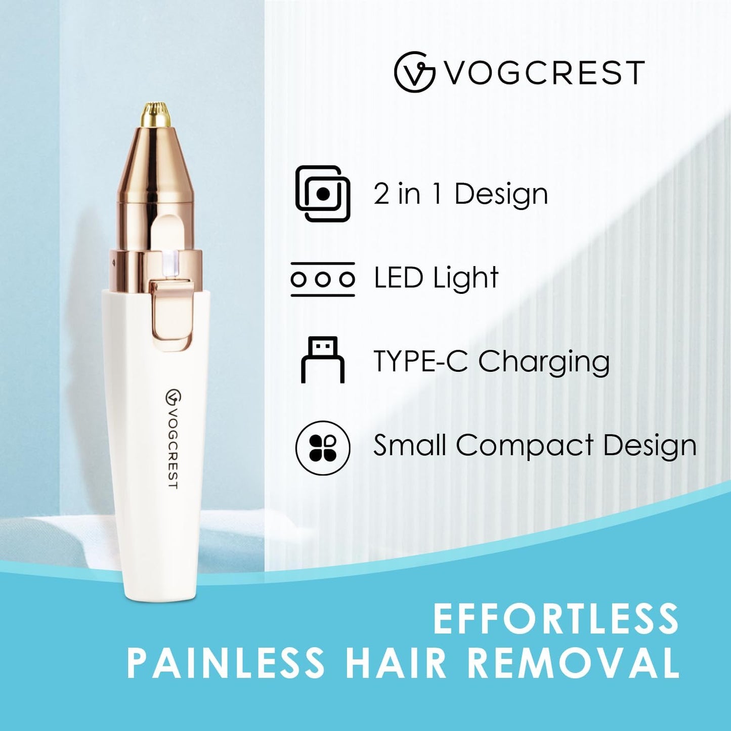 Rechargeable 2-in-1 Eyebrow and Facial Hair Trimmer with Built-In LED Light - Painless Hair Removal for Face, Lips, and Body (White)
