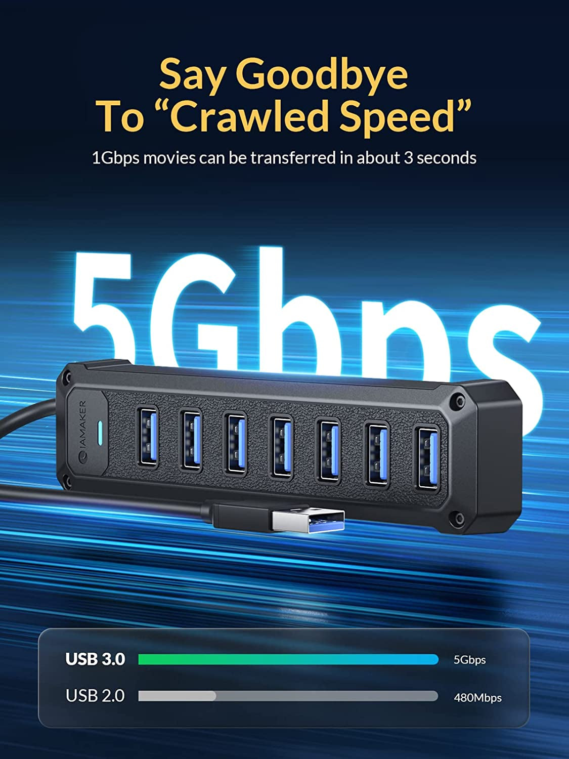7-Port USB 3.0 Hub - High-Speed 5Gbps Data Adapter for Laptops, PCs, Printers, and More