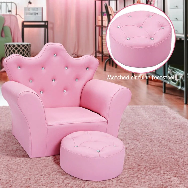 Upholstered Children's Princess Sofa Set with Ottoman and Diamond Accents for Boys and Girls