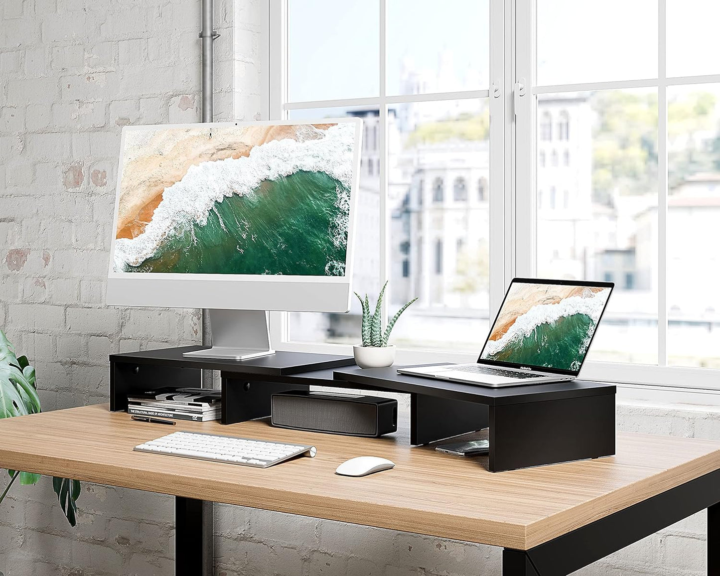 Dual Monitor Stand with Adjustable Length and Angle - 3-Shelf Wood Desktop Riser, Medium Black Office Accessory