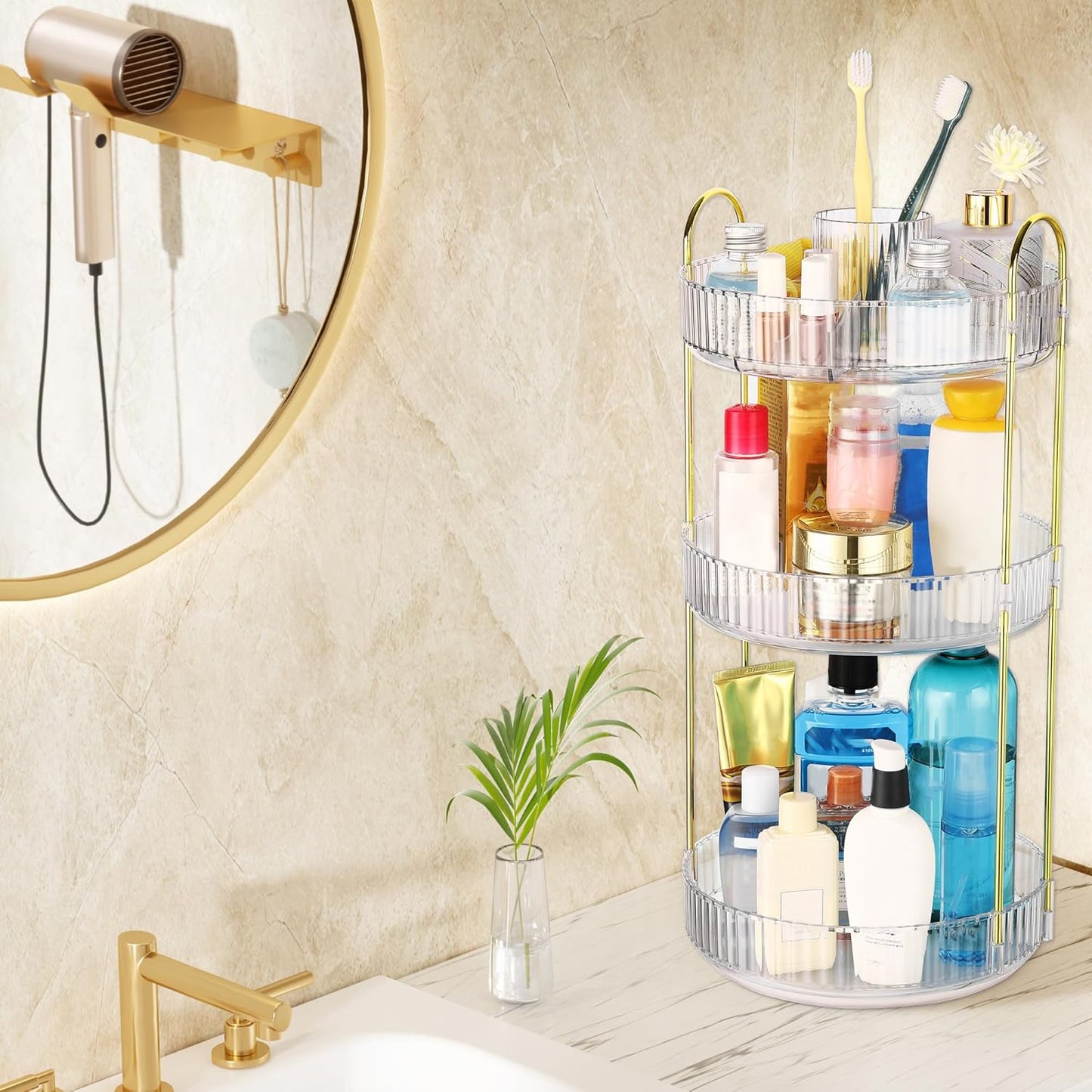 360° Rotating Makeup Organizer - 3-Tier Large Capacity Vanity and Bathroom Countertop Skincare and Cosmetics Storage Solution