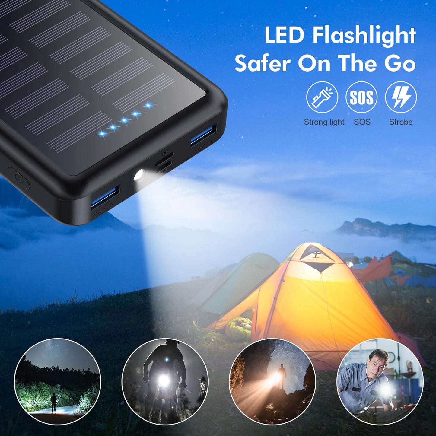 27000mAh Portable Power Bank - PD 3.0 Fast Charging Battery Pack with 3 Outputs, Solar Charging Capability, and LED Flashlight