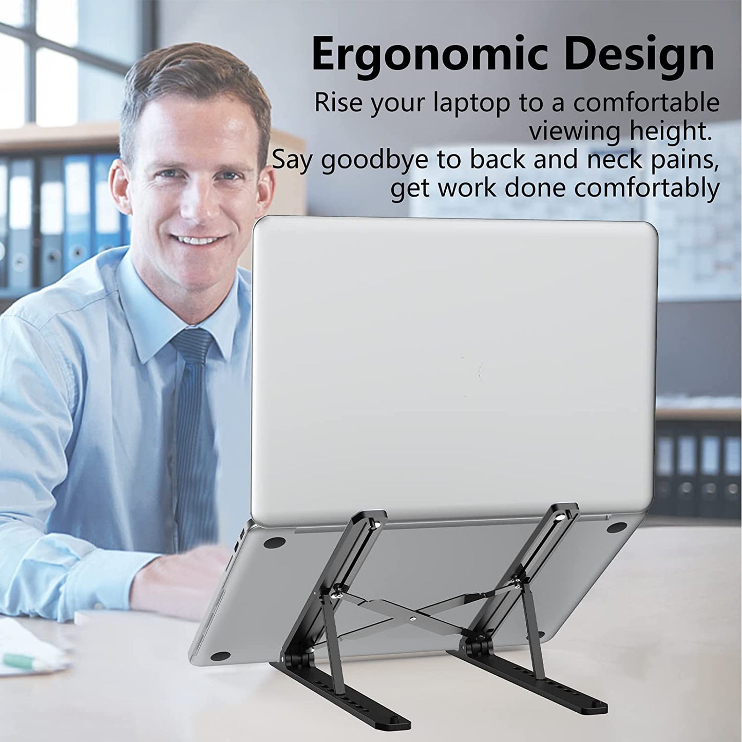 Adjustable Laptop Stand for Desk - Portable and Foldable Riser with Ventilation for 10-15.6” Laptops and Tablets - Black