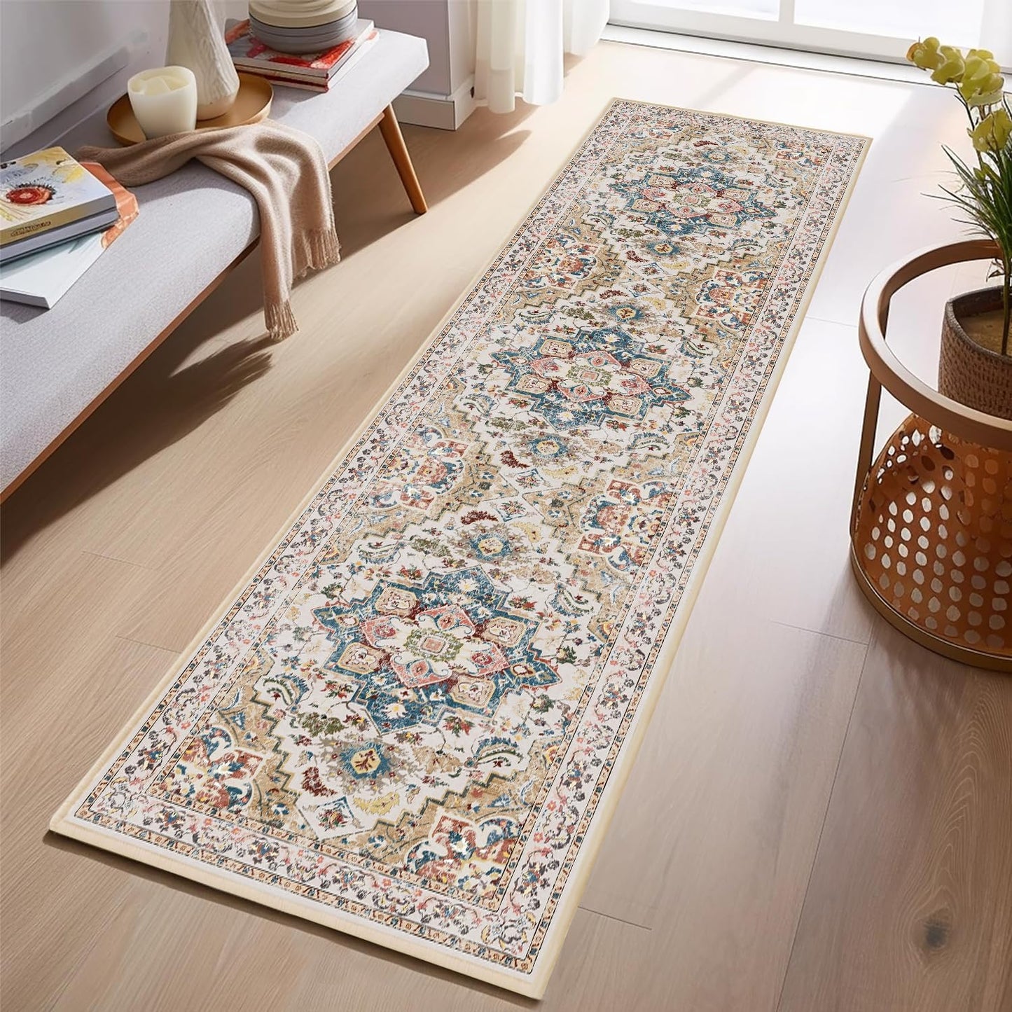 Boho Non-Slip Washable Runner Rug for Hallway and Kitchen, 2x5 Ft Light Grey Area Mat for Bedroom, Bath, Laundry, and Entryway