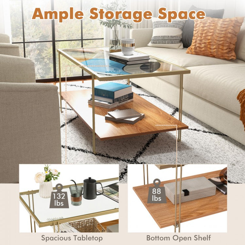 Two-Tier Rectangular Glass Coffee Table with White and Gold Steel Frame