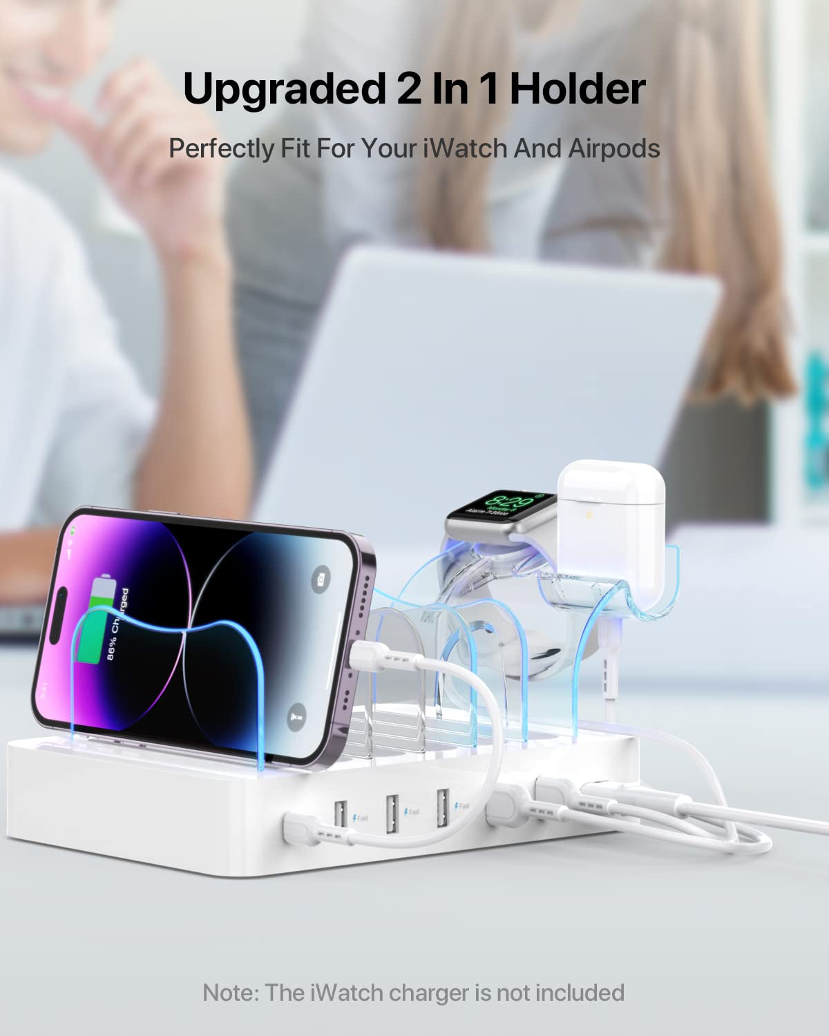 60W/12A 6-Port Charging Station with PD 20W USB-C Fast Charging - 6 Short Cables and 2-in-1 Holder, Compatible with Phones, Tablets