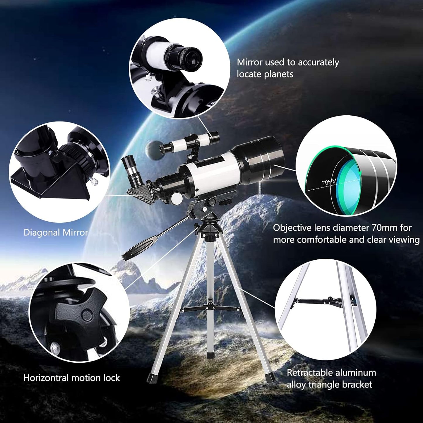 High Definition Refractor Telescope for Beginners and Children, 70mm Aperture with 300mm Focal Length