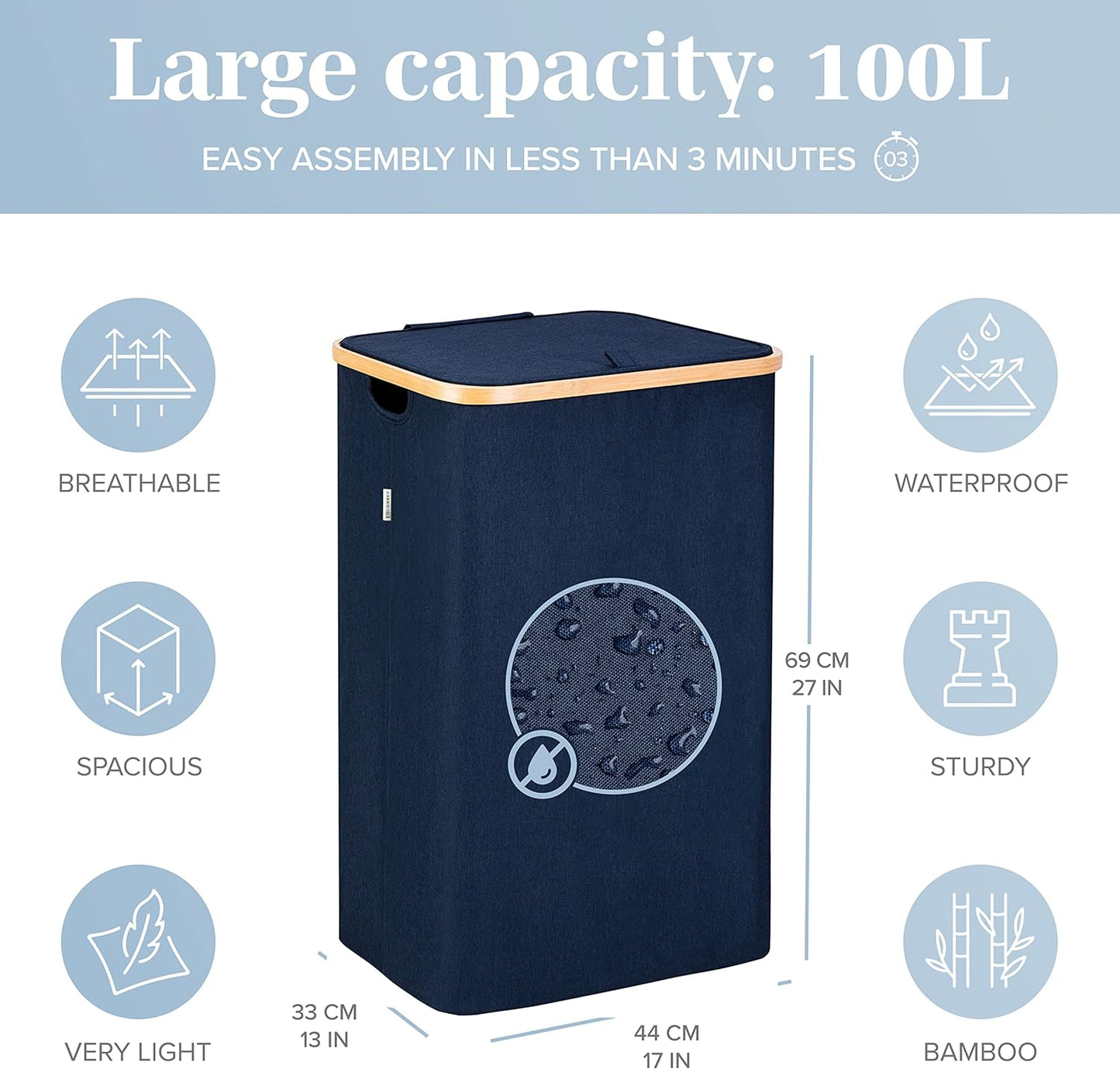 - Blue Laundry Baskets with Lid - XL 100 L - Large Laundry Hamper for Clothes - Panier a Linge Sale - Bamboo Clothes Hamper Bathroom Tall Hamper with Lid