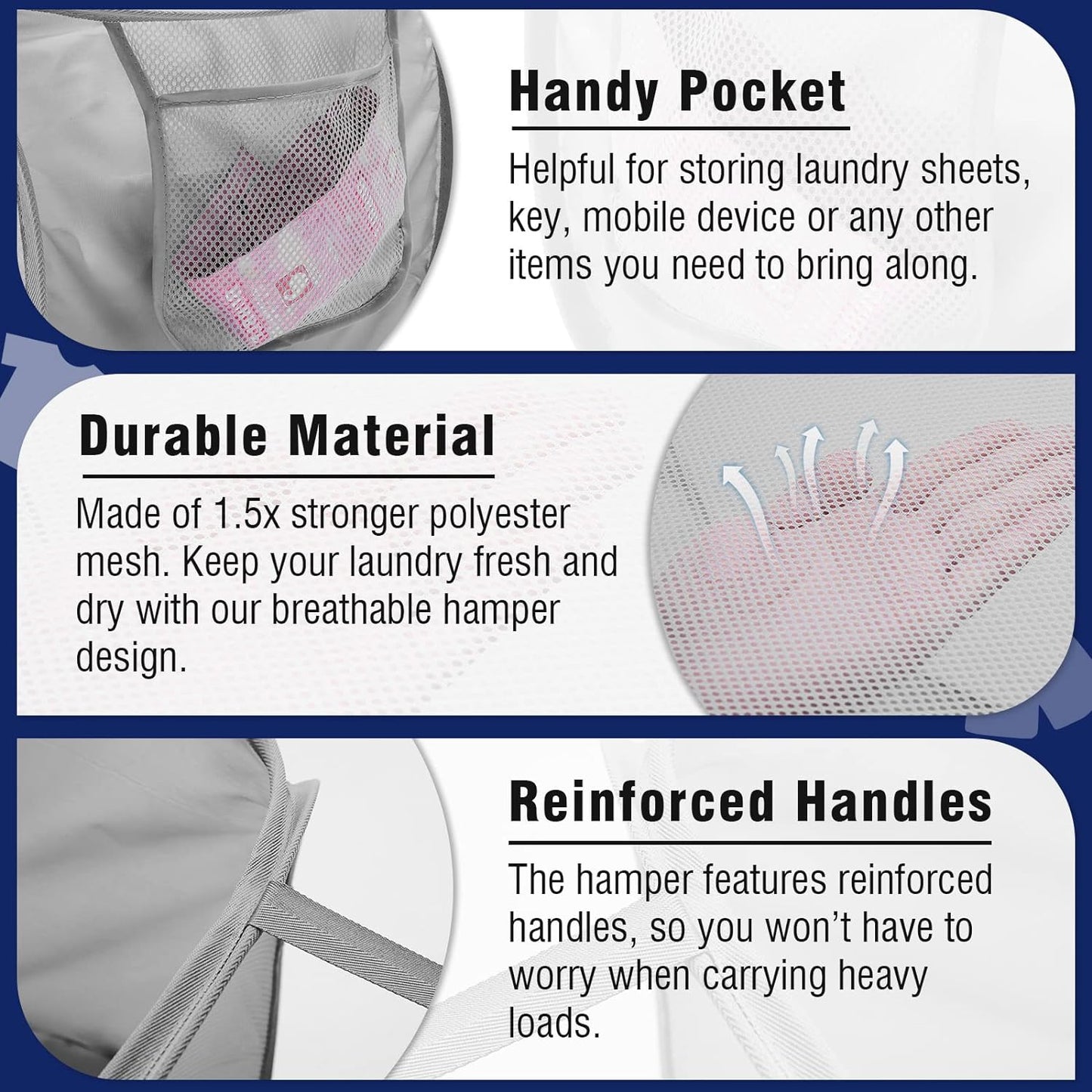 Collapsible Mesh Laundry Basket with Durable Handles and Pockets - Portable and Foldable Clothes Hamper