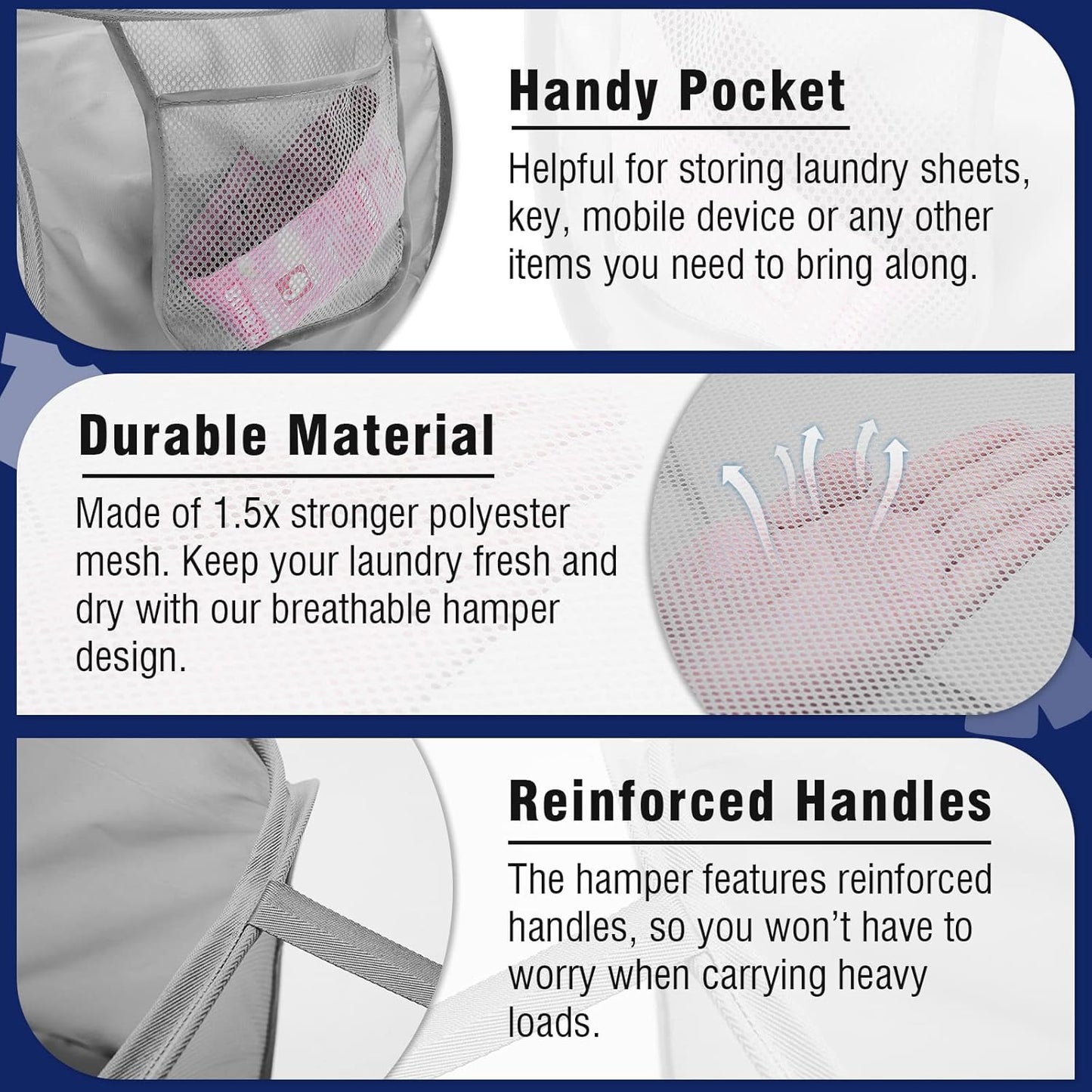 Collapsible Mesh Pop up Laundry Basket with Durable Handles and Pockets, Portable, Foldable, Deluxe Clothes Hamper for Travel, Laundry Room, Dorm or Bathroom, Space Saving Organizer, Grey