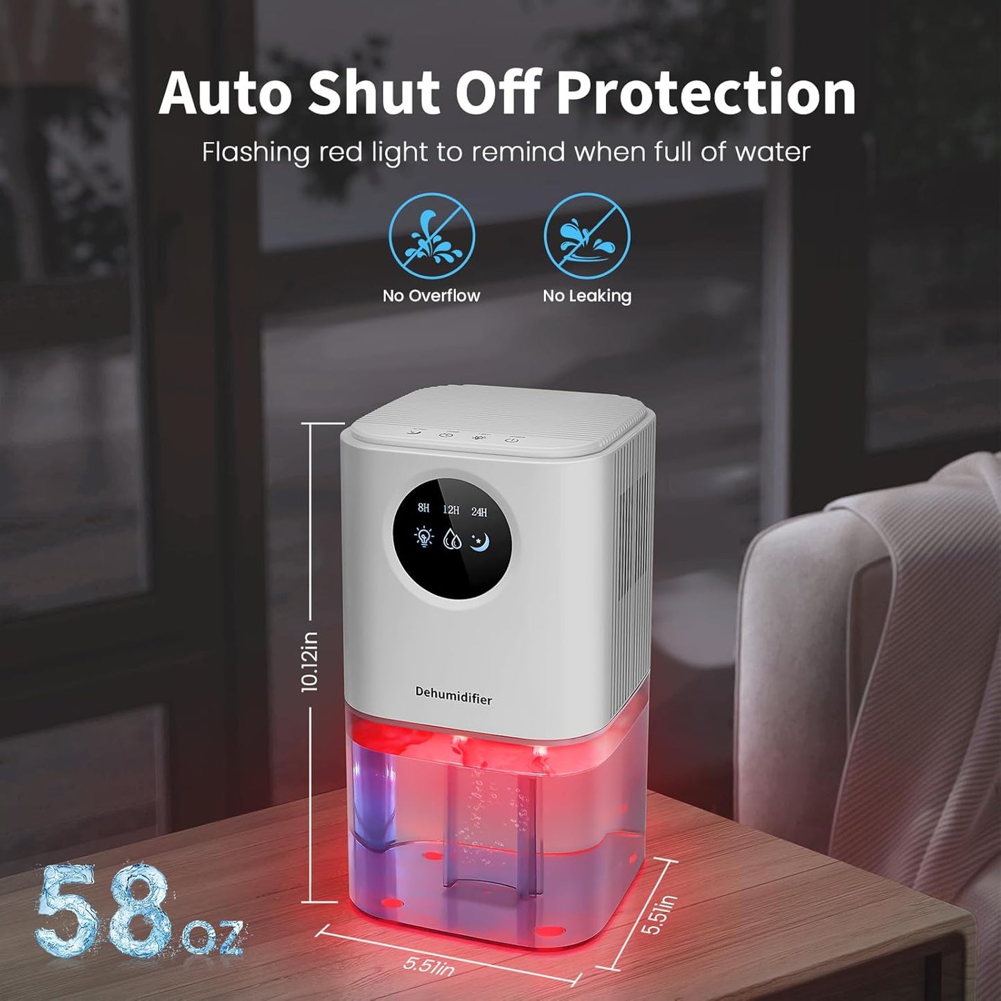 Compact 58 OZ Dehumidifier for Home, Suitable for 250 Sq.Ft, Portable Mini Unit with 7 Color LED Light, Auto Shut Off, Timer, Energy Efficient - White