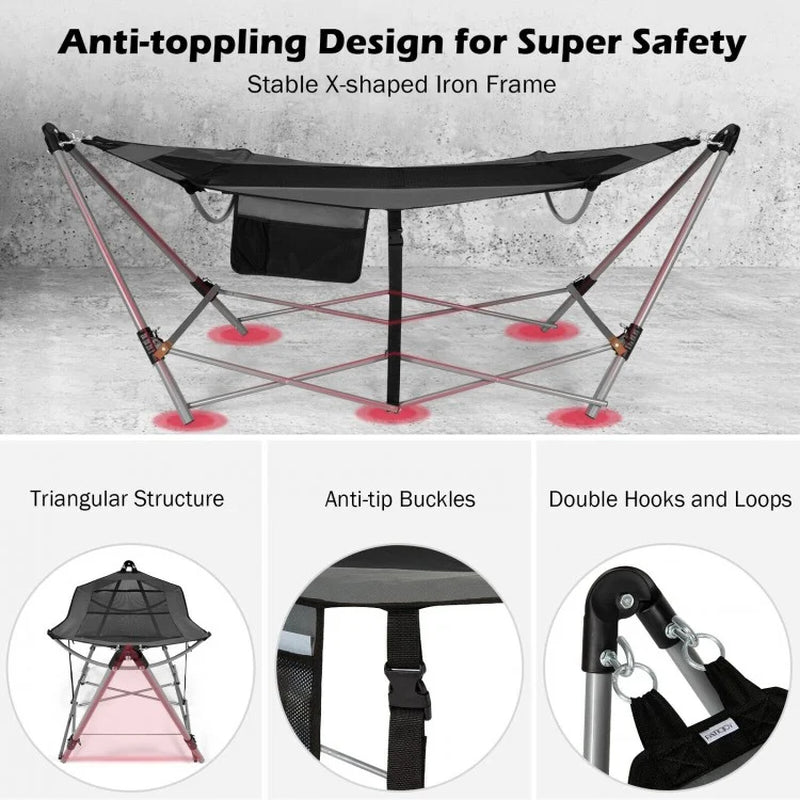 Folding Indoor-Outdoor Hammock with Side Pocket and Iron Stand