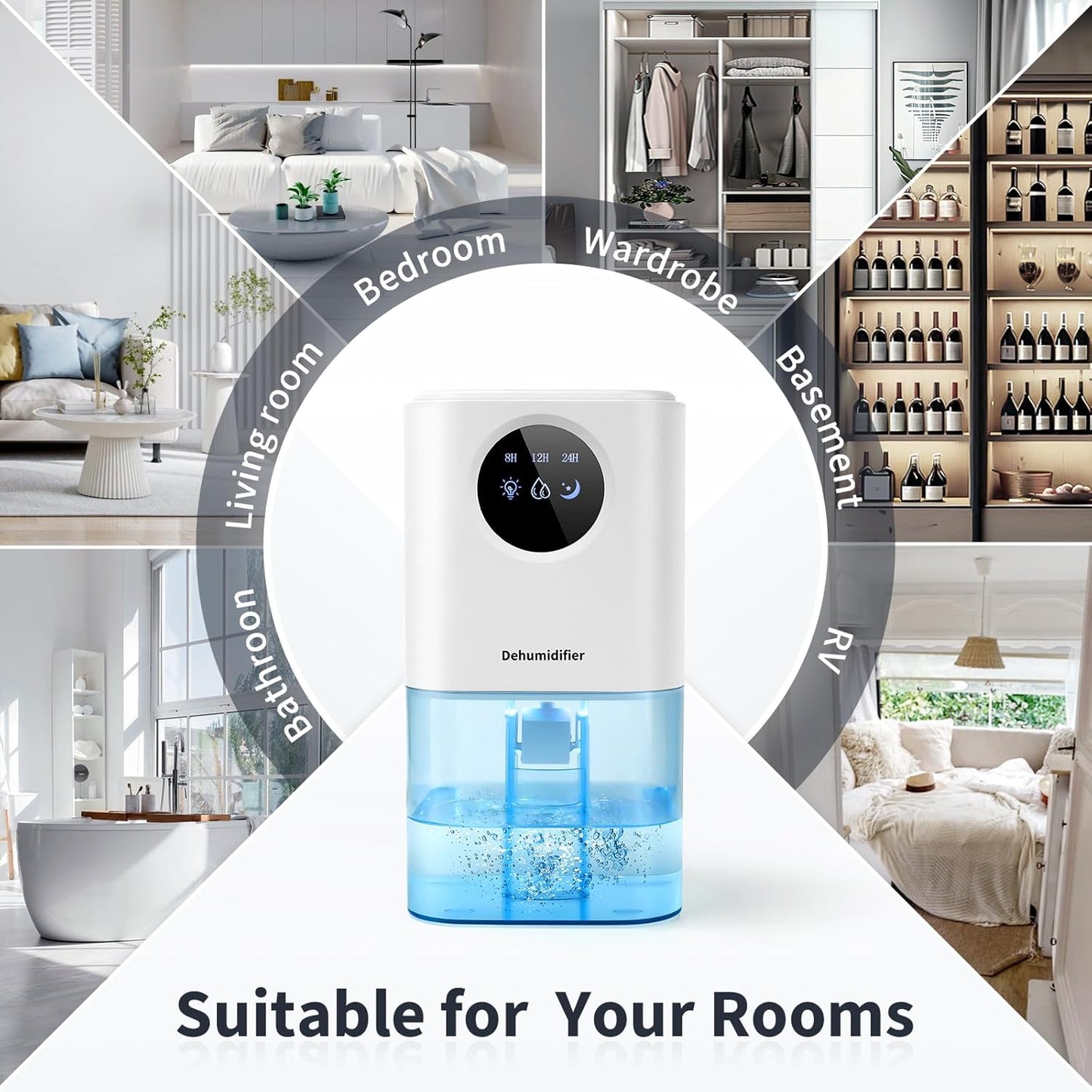 Compact 58 OZ Dehumidifier for Home, Suitable for 250 Sq.Ft, Portable Mini Unit with 7 Color LED Light, Auto Shut Off, Timer, Energy Efficient - White