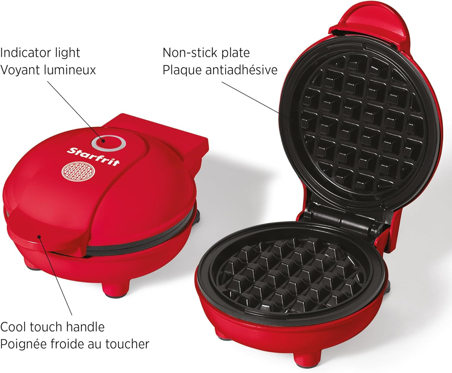 Electric Mini Waffle Maker with 4-Inch Non-Stick Cooking Surface - User-Friendly and Easy to Clean - Red - 350W