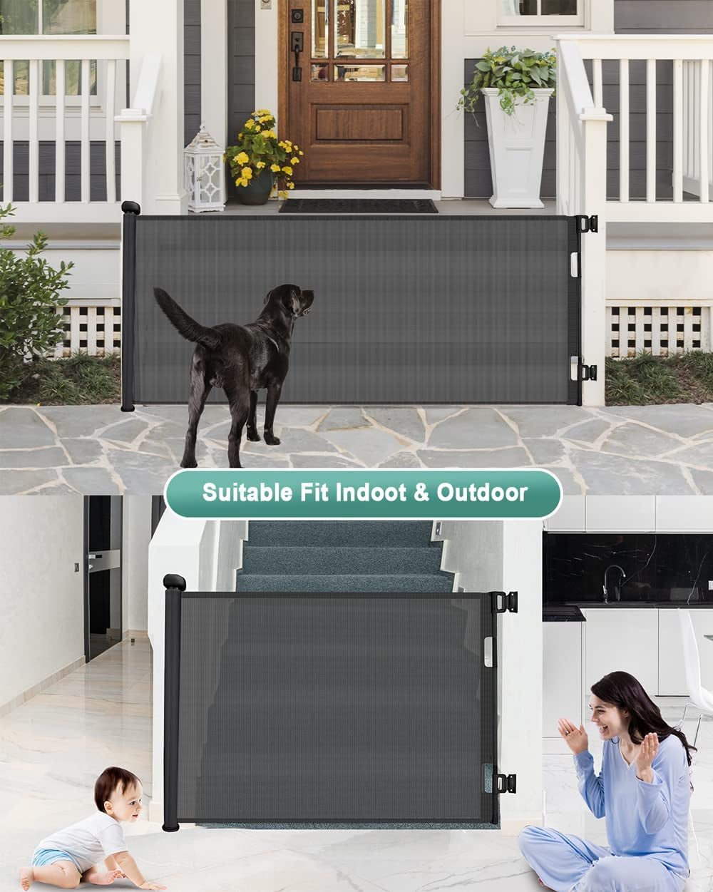 Retractable Safety Mesh Baby and Dog Gate - 33" Tall, Extends up to 55" Wide for Stairs, Doorways, Hallways, and Banisters (Black)