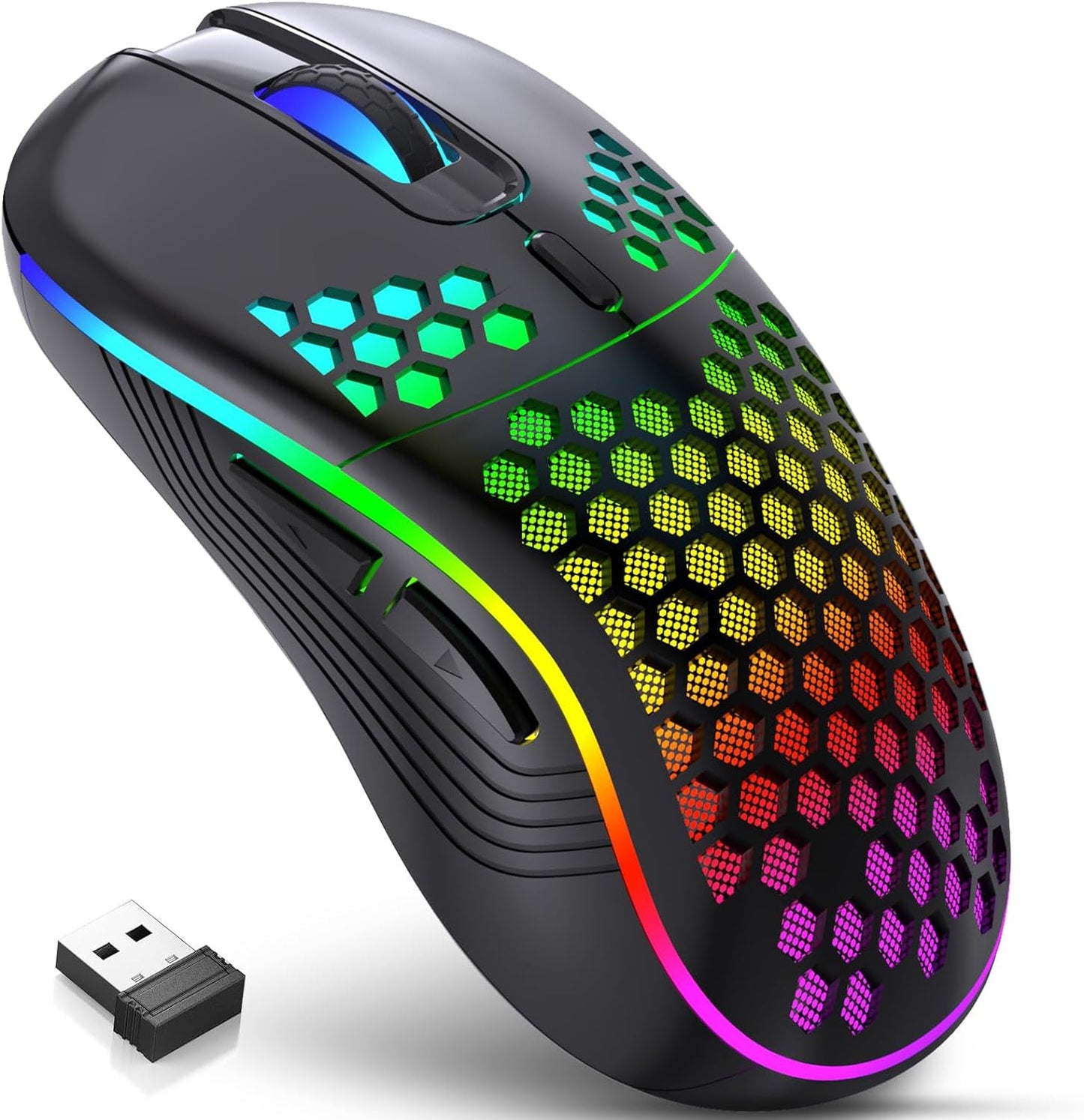 Wireless Gaming Mouse, Rechargeable Computer Mouse with RGB Backlight, USB Receiver, 6 Buttons, Adjustable DPI (White)