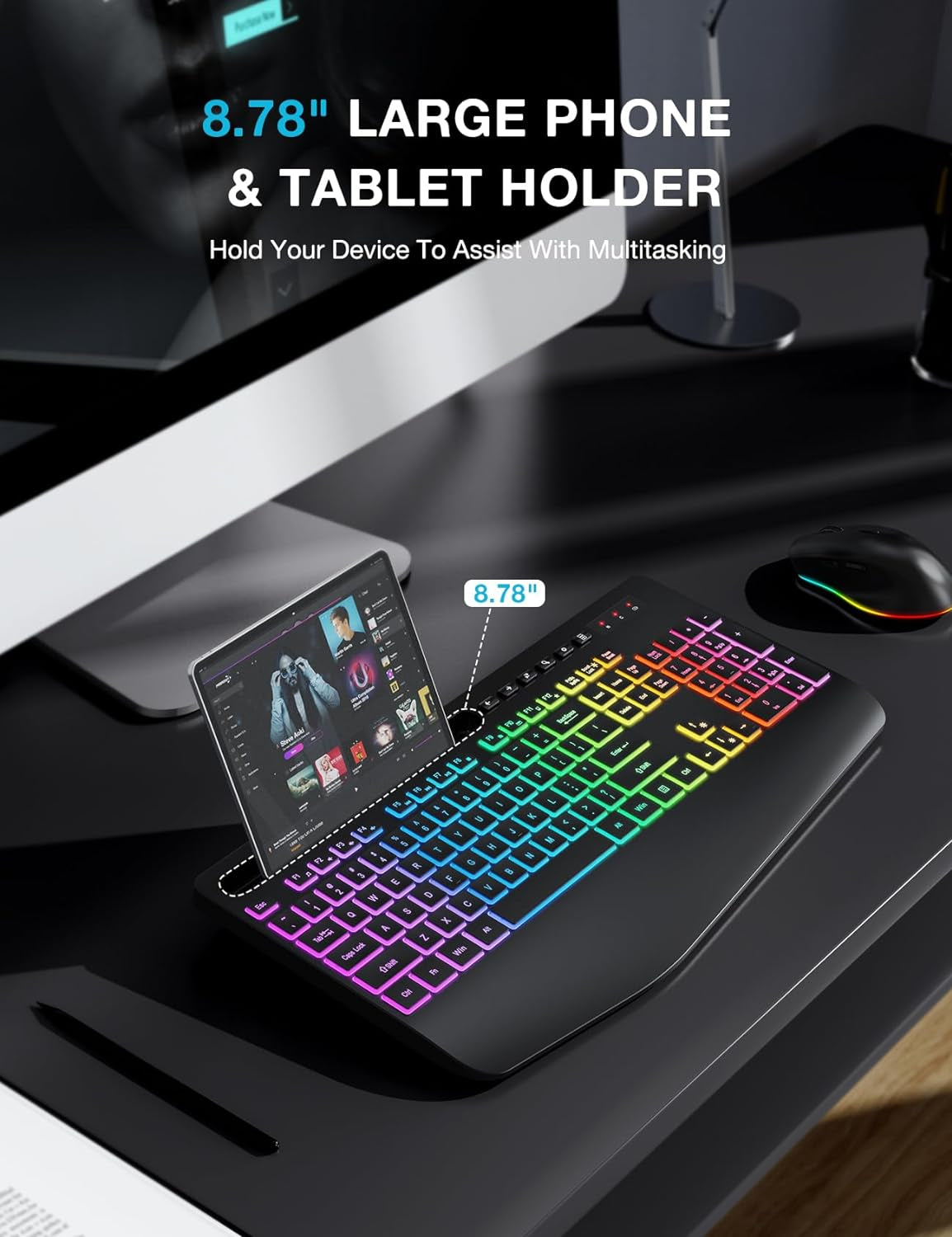Wireless Ergonomic Keyboard and Mouse Combo with Backlit Effects, Wrist Rest, Phone Holder, and Rechargeable Silent Design
