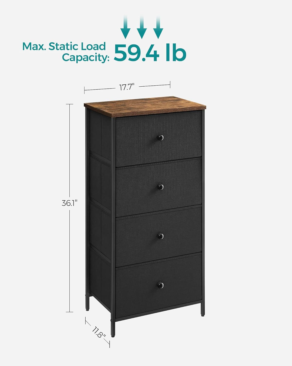 Fabric Dresser with 4 Drawers and Metal Frame - Compact Chest of Drawers in Ebony Black and Rustic Brown