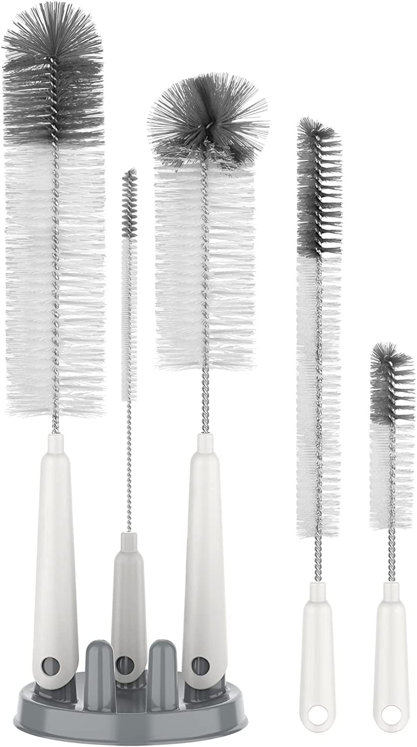 5 Pack Bottle Brush Cleaning Set - Storage Holder, Cleaning Brushes - Long Narrow Neck Bottles, Water, Baby Bottles, Tumblers, Drinking Glasses, Strews