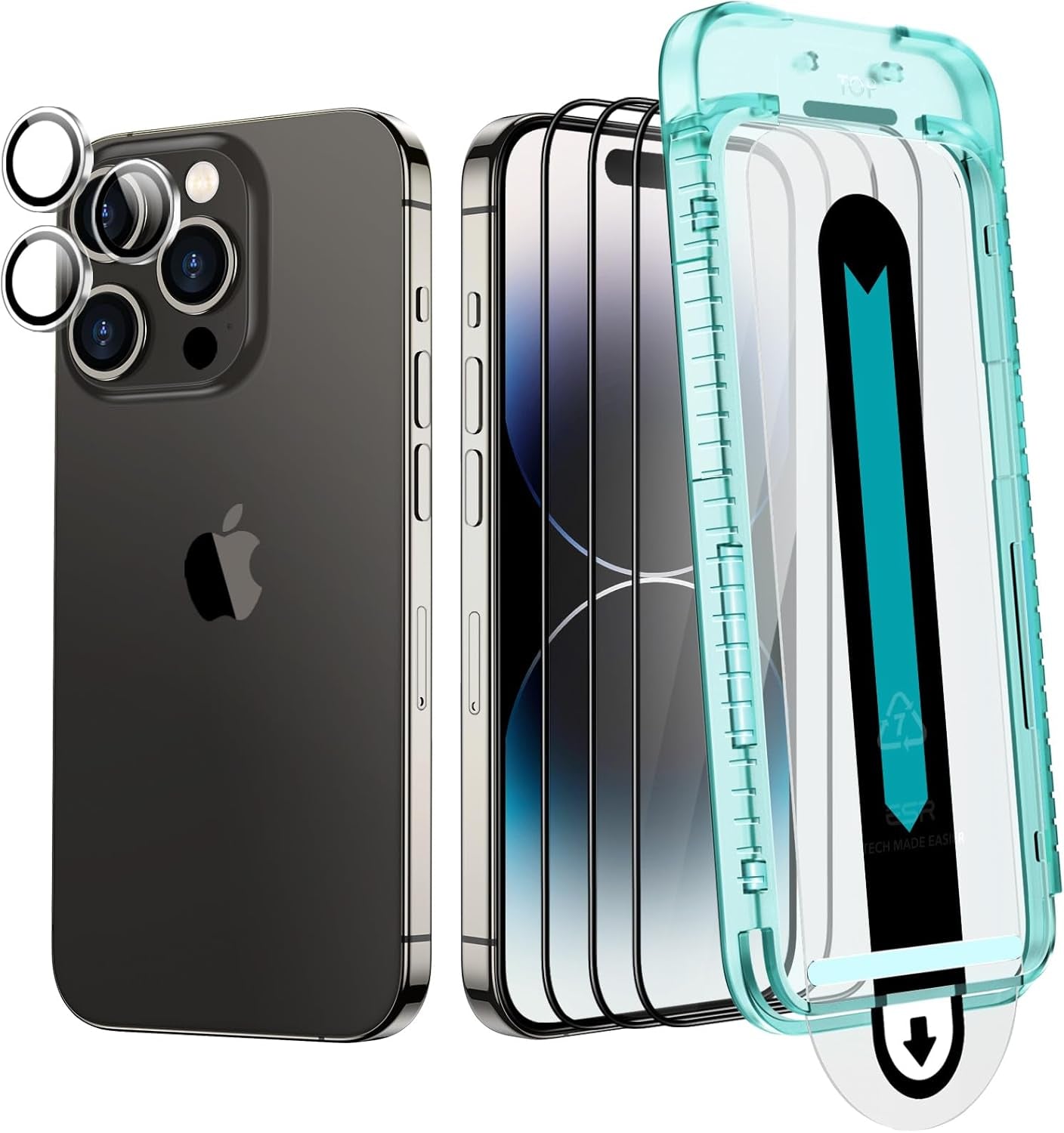3+1 Pack Ultra-Tough Tempered Glass Screen Protector Set for iPhone - Black Edge and Flawless Fit Tray, 1 Individual Camera Lens Protector