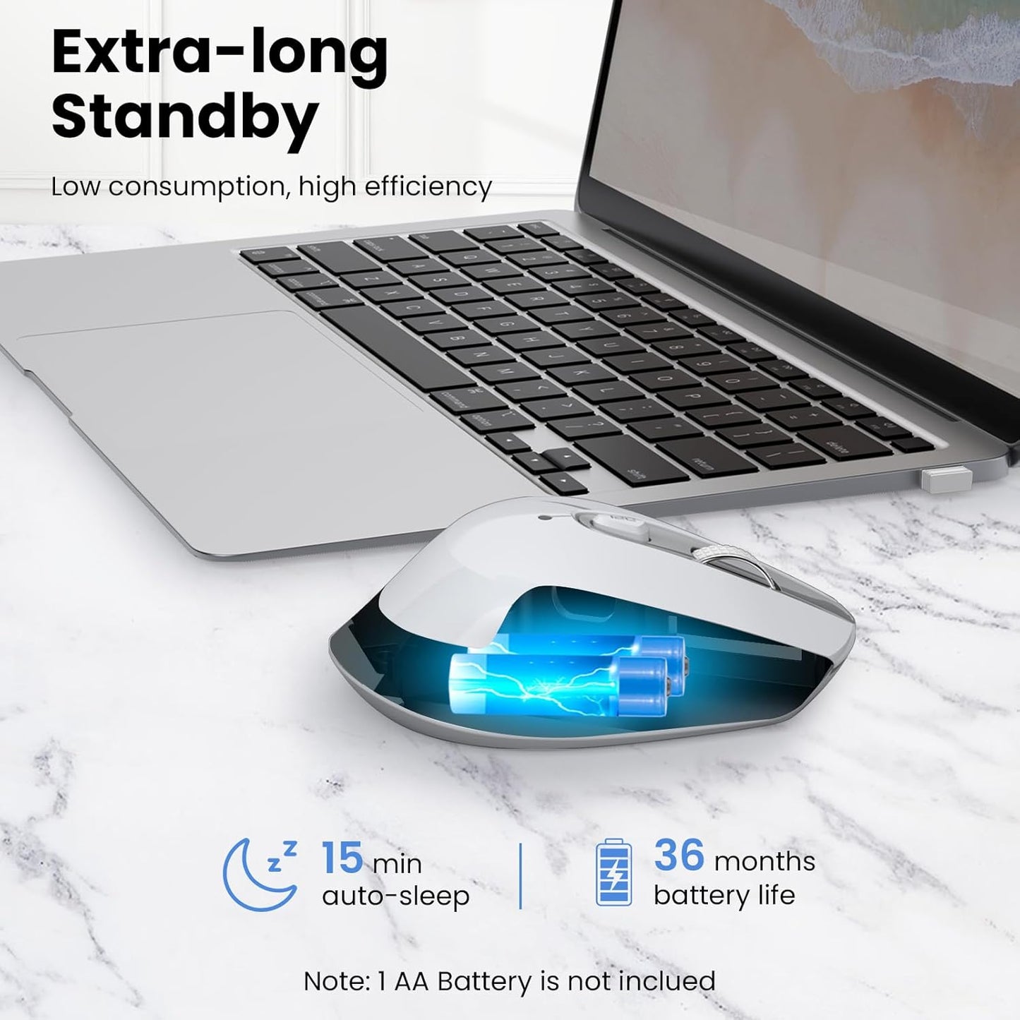 Ergonomic Wireless Mouse for Laptops - 2.4G Silent Optical USB Mouse with 6 Buttons, 3 Adjustable DPI Levels (White)