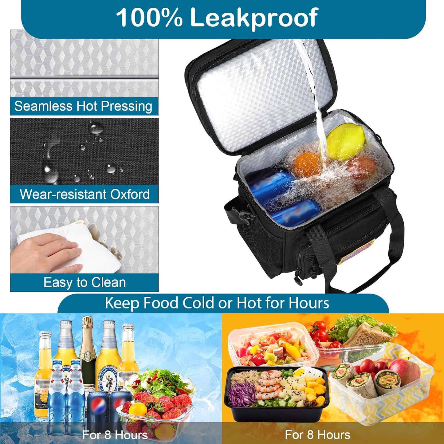 Expandable Tactical Insulated Lunch Box - Double Deck Large Durable Leakproof Cooler Bag for Men and Adults, Black, 16L