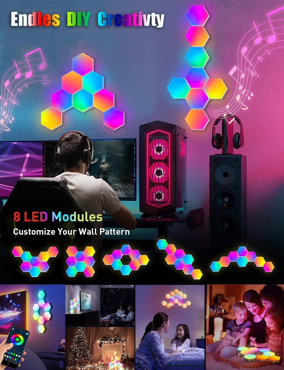 Hexagonal Modular RGB Wall Lights with Smart App and Remote Control - DIY Music Sync LED Panels for Bedroom and Children's Room Decor (Set of 8)