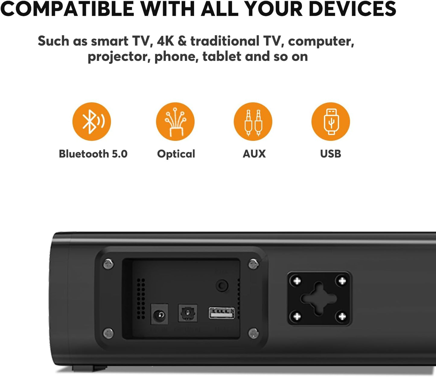 2.1 Channel Compact Sound Bar - Integrated Subwoofer and 6-Level Voice Enhancement, 16-Inch Bluetooth Speakers, Optical, Aux, USB Connectivity (Black)