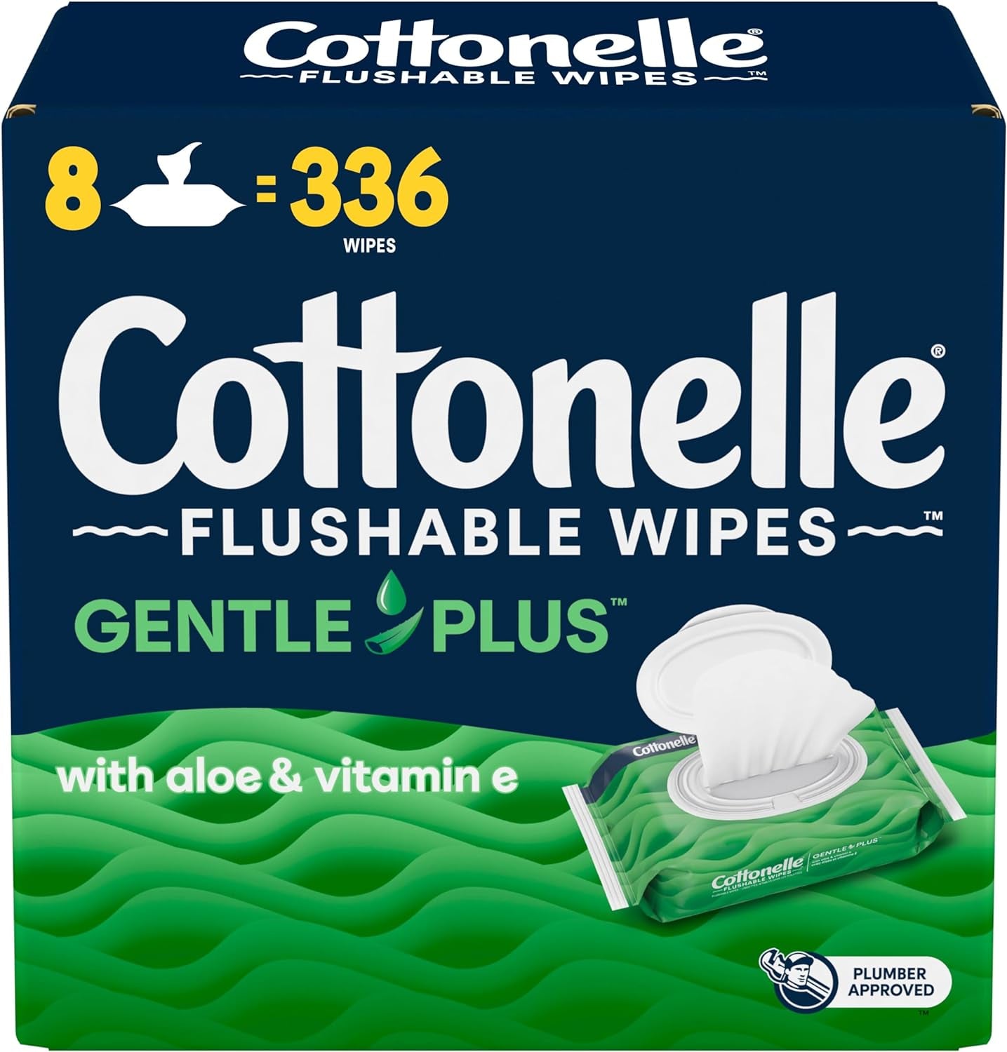 Gentleplus Flushable Wet Wipes - Aloe & Vitamin E, Adult Wet Wipes, 8 Flip-Top Packs, 42 Wipes per Pack (336 Total Flushable Wipes)