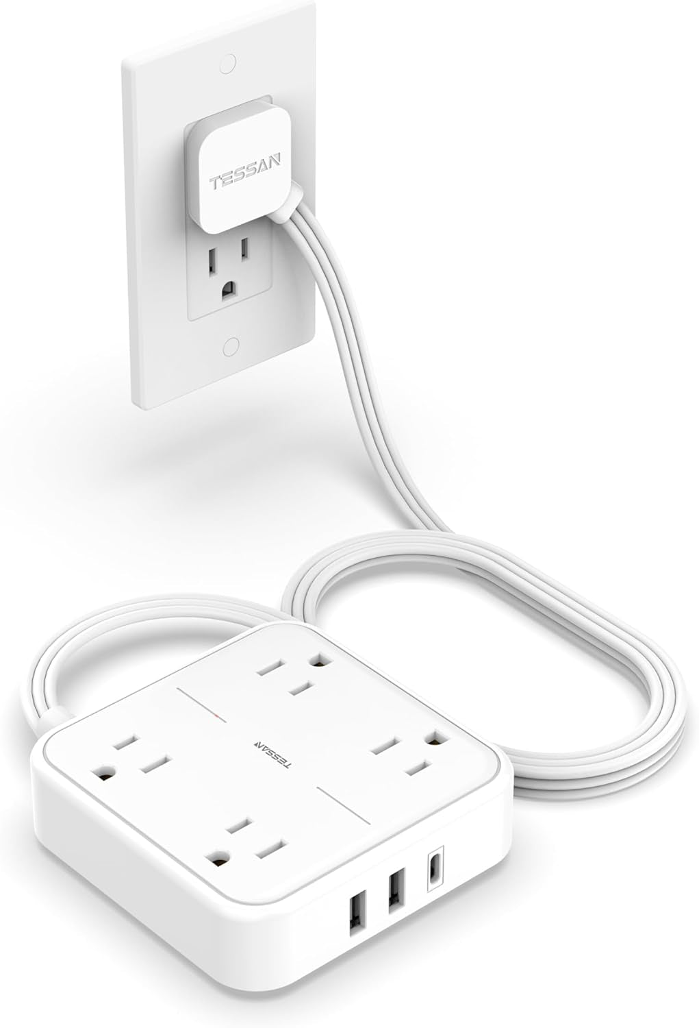 Flat Plug Power Strip with Surge Protection, 5-Foot Extension Cord, 4 Outlets and 3 USB Ports (1 USB-C), Gray