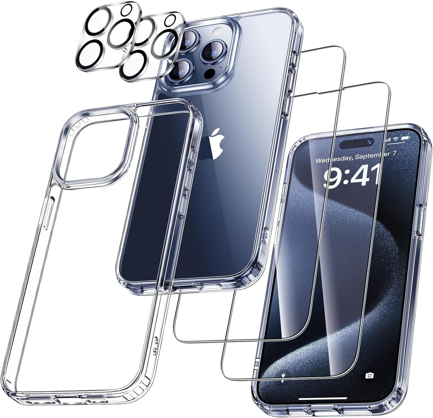 5-in-1 Case for iPhone 15 Pro Max - 2 Tempered Glass Screen Protectors - 2 Camera Lens Protectors, Shockproof, Anti-Scratch - Clear