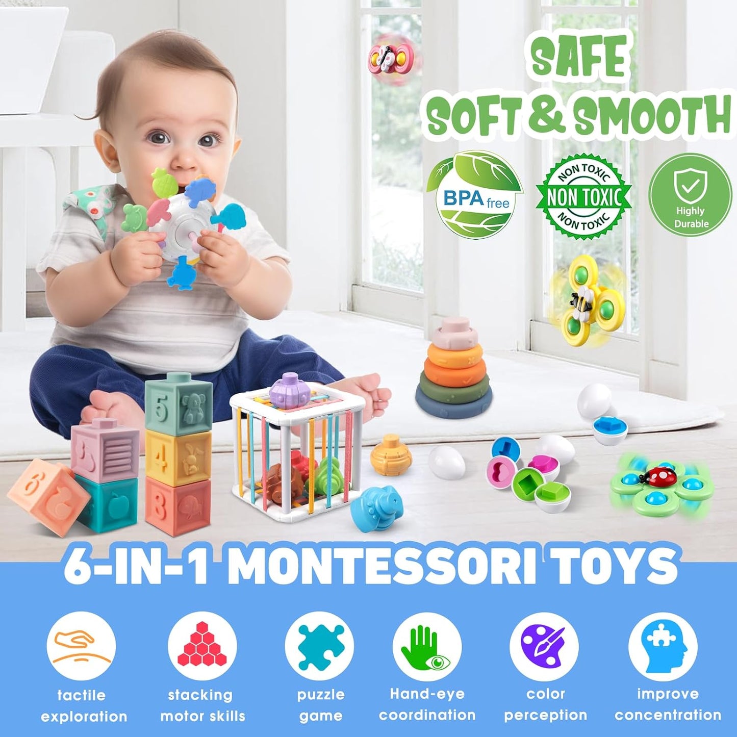 6-in-1 Montessori Baby Toys Ages 6-18 Months, Stacking Building Blocks, Pull String Teething Sensory Toys