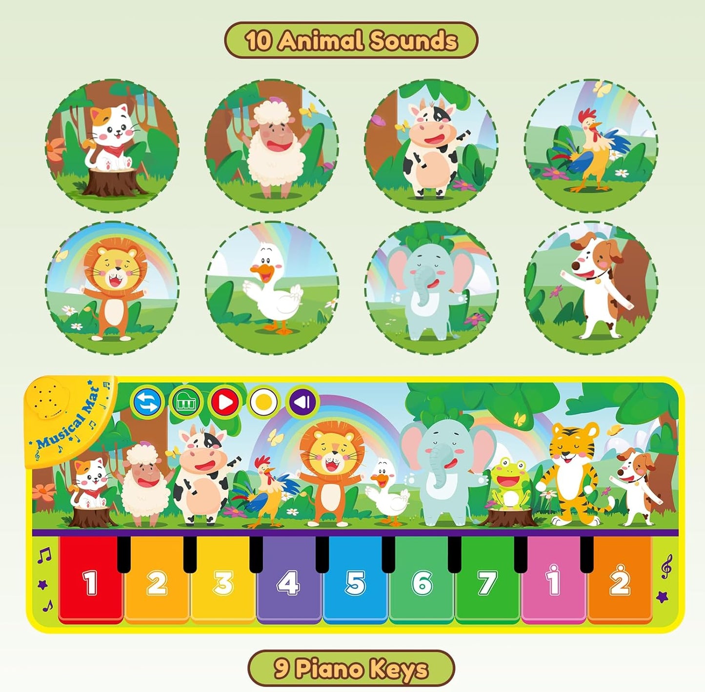 Piano Play Mat 45 x 18 Inch - Toddlers, Featuring 10 Animal Sounds - 9 Piano Notes, Educational Toy - Ages 1-3